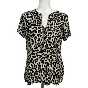 Anne Klein Blouse size Medium Gold Black Cheetah Leopard 1/4 Zip Career Casual